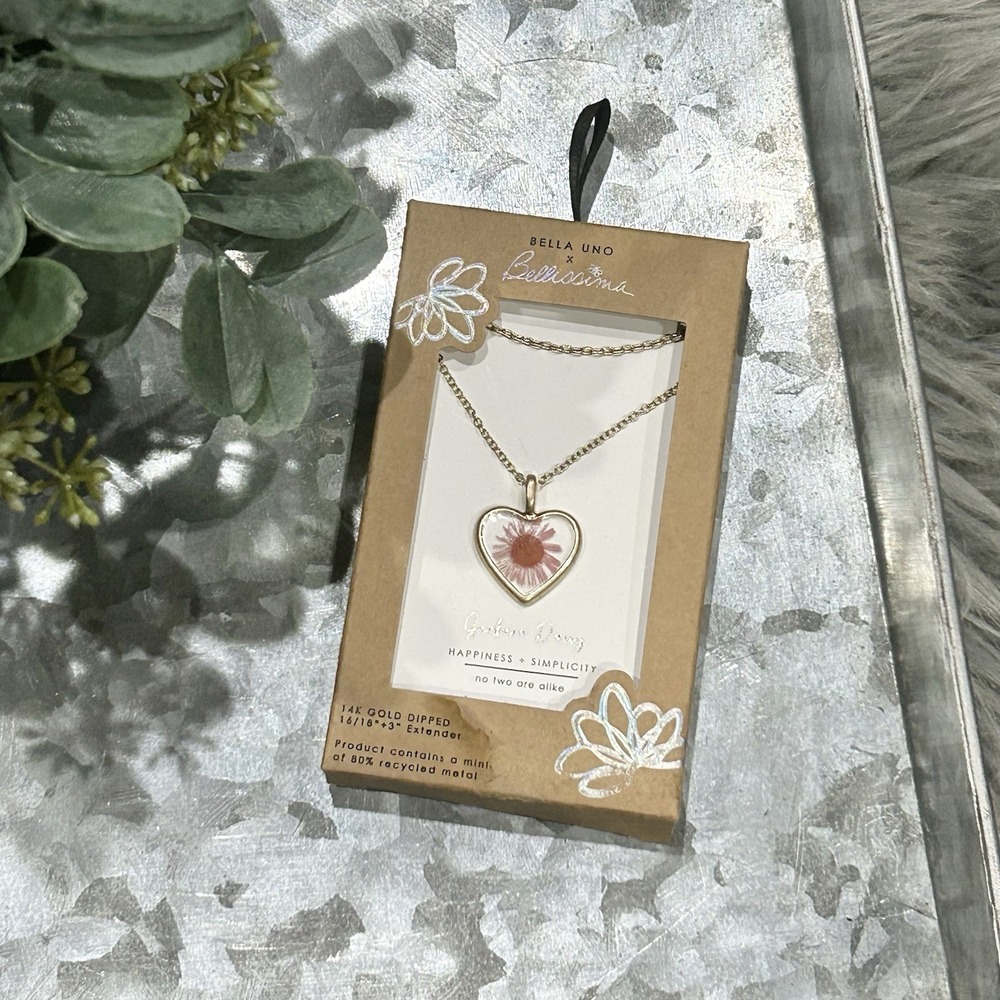 Bella Uno Bellissima HEART Layered Necklace 14K Gold Dipped Pressed DAISY Unique